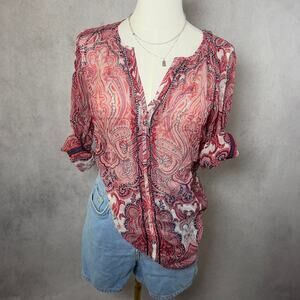 Lucky Brand Paisley Print V-Neck Long Sleeve Top Size Small